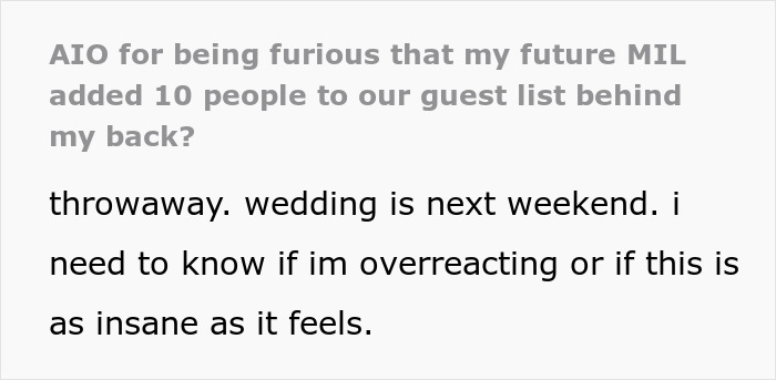 Text post about fury over mother-in-law adding 10 guests to wedding list