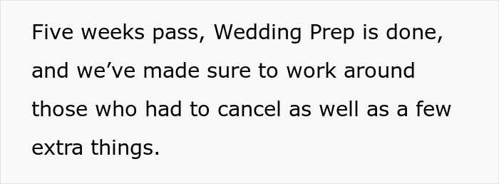 Text snippet: Wedding Prep is done for the wedding; family photos will be taken without the bride's mom.