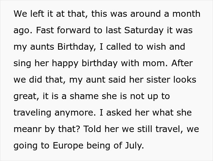 Text excerpt detailing family discussion about mom's travel and wedding attendance Text excerpt detailing family discussion about mom's travel and wedding attendance