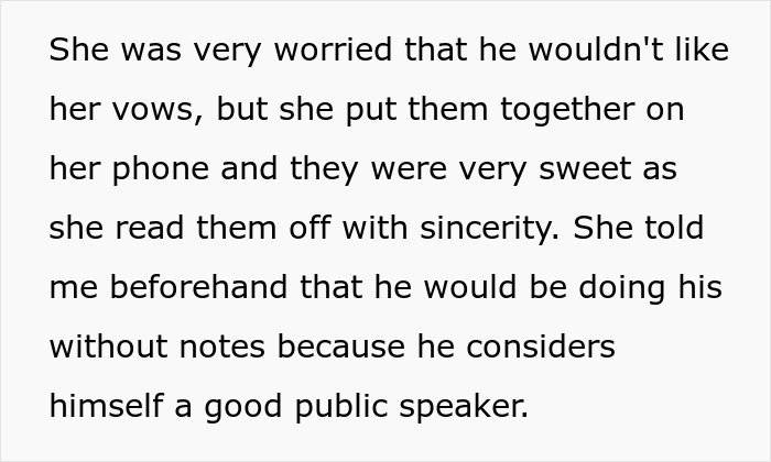 A screenshot of text about the bride being worried about her wedding vows and the groom's overconfidence.