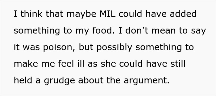 Text: Person gets violently sick after MIL's birthday dinner, starts to suspect why.