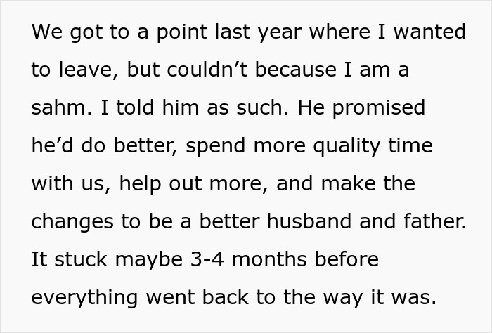 Wife shares husband's broken promises to improve marriage and fatherhood involvement