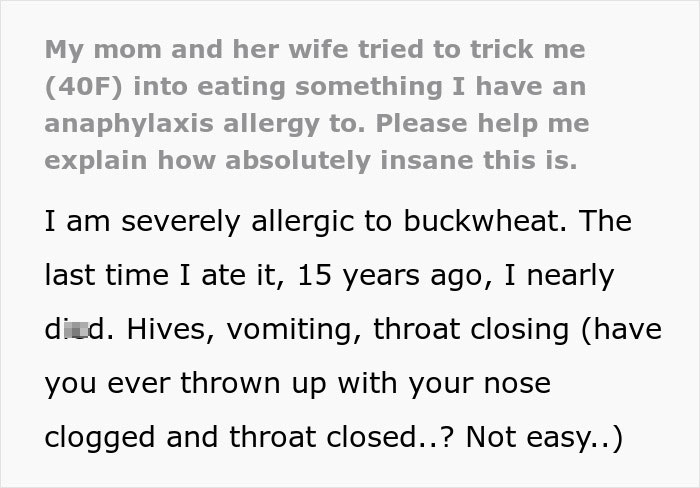 A Reddit post about a daughter whose mom tricks her into eating food she thinks could end her life.