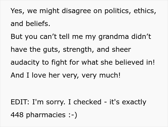Comment praising grandma's guts and audacity in right-wing pharmacies fight Comment praising grandma's guts and audacity in right-wing pharmacies fight