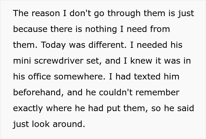 Screenshot of text detailing a search for a mini screwdriver set in his husband's office, uncovering a double life.