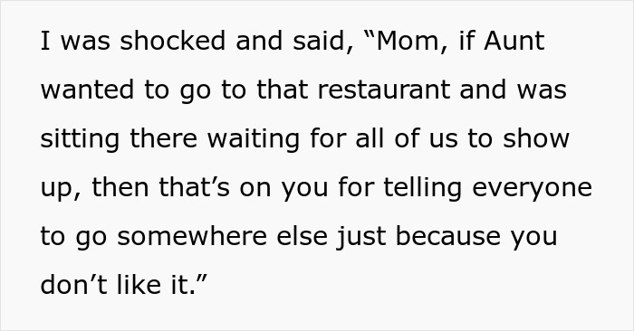 Text snippet: woman shocked at mom hijacking aunt's birthday plans, changing restaurant choice. Text snippet: woman shocked at mom hijacking aunt's birthday plans, changing restaurant choice.