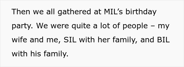 Text describing family gathered at MILs birthday dinner, including wife, SIL, and BIL, leading to someone getting sick.