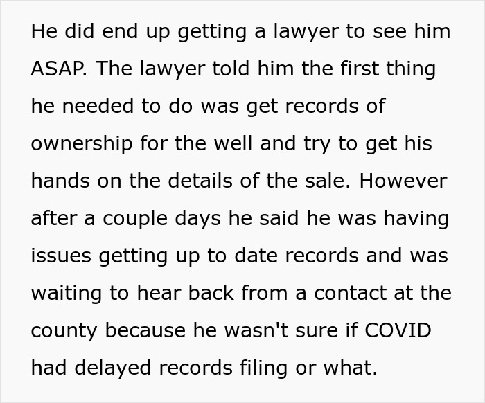 Text describing lawyer advice on obtaining well ownership records in water dispute Text describing lawyer advice on obtaining well ownership records in water dispute