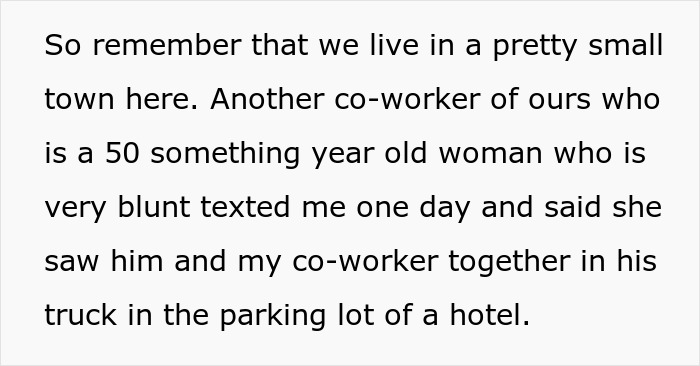 A woman's coworker informs her about seeing her husband with another coworker, intensifying suspicions about her husband. A woman's coworker informs her about seeing her husband with another coworker, intensifying suspicions about her husband.