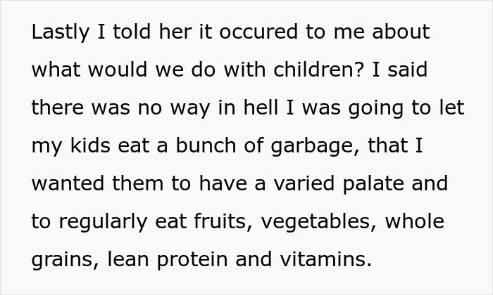 Text snippet discussing concerns about a picky eater girlfriend and future children's diets. Text snippet discussing concerns about a picky eater girlfriend and future children's diets.