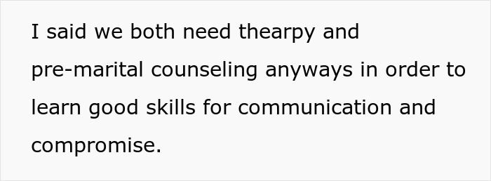A screenshot displaying text about suggesting therapy and pre-marital counseling for a picky eater girlfriend in a relationship. A screenshot displaying text about suggesting therapy and pre-marital counseling for a picky eater girlfriend in a relationship.