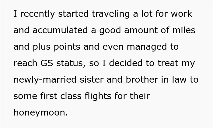 Text snippet about treating sister to first-class flights after an airport altercation. Text snippet about treating sister to first-class flights after an airport altercation.
