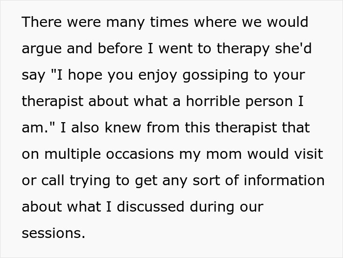 Text about a religious mom trying to snoop on her teen's therapy sessions, showing her intrusive behavior.