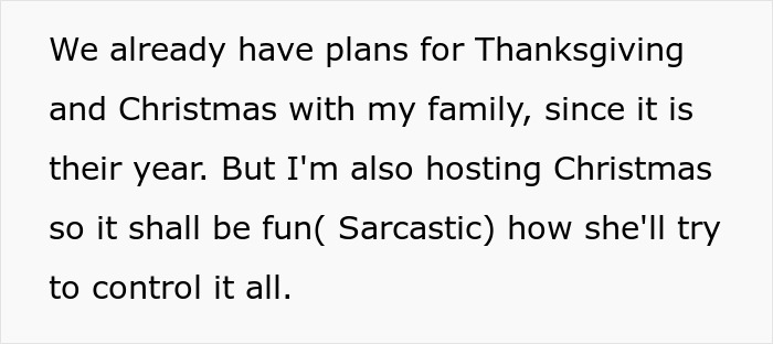 Screenshot of text about the mother-in-law's controlling behavior during family holiday plans.
