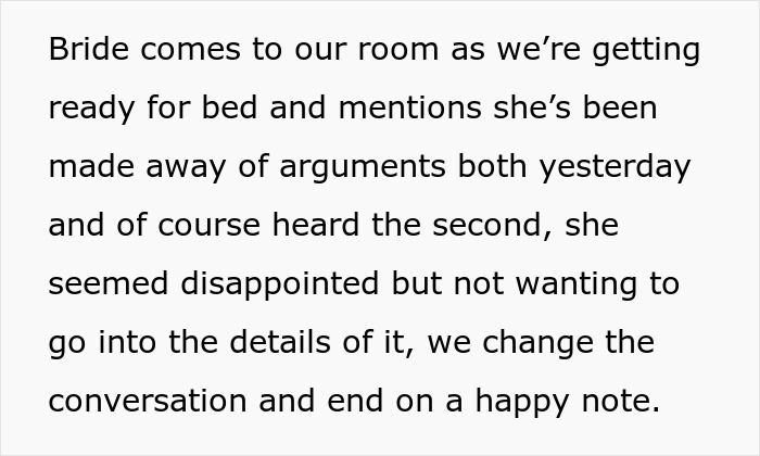 Text discussing the bride hearing arguments and feeling disappointed about her bachelorette party experience. Text discussing the bride hearing arguments and feeling disappointed about her bachelorette party experience.