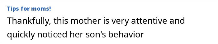 Text snippet offering tips for moms, highlighting a mother's attentiveness to her son's behavior.