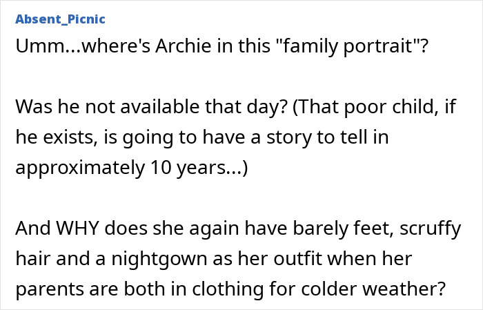 Text expressing concern about Archie's absence in family portrait, Meghan Markle kids