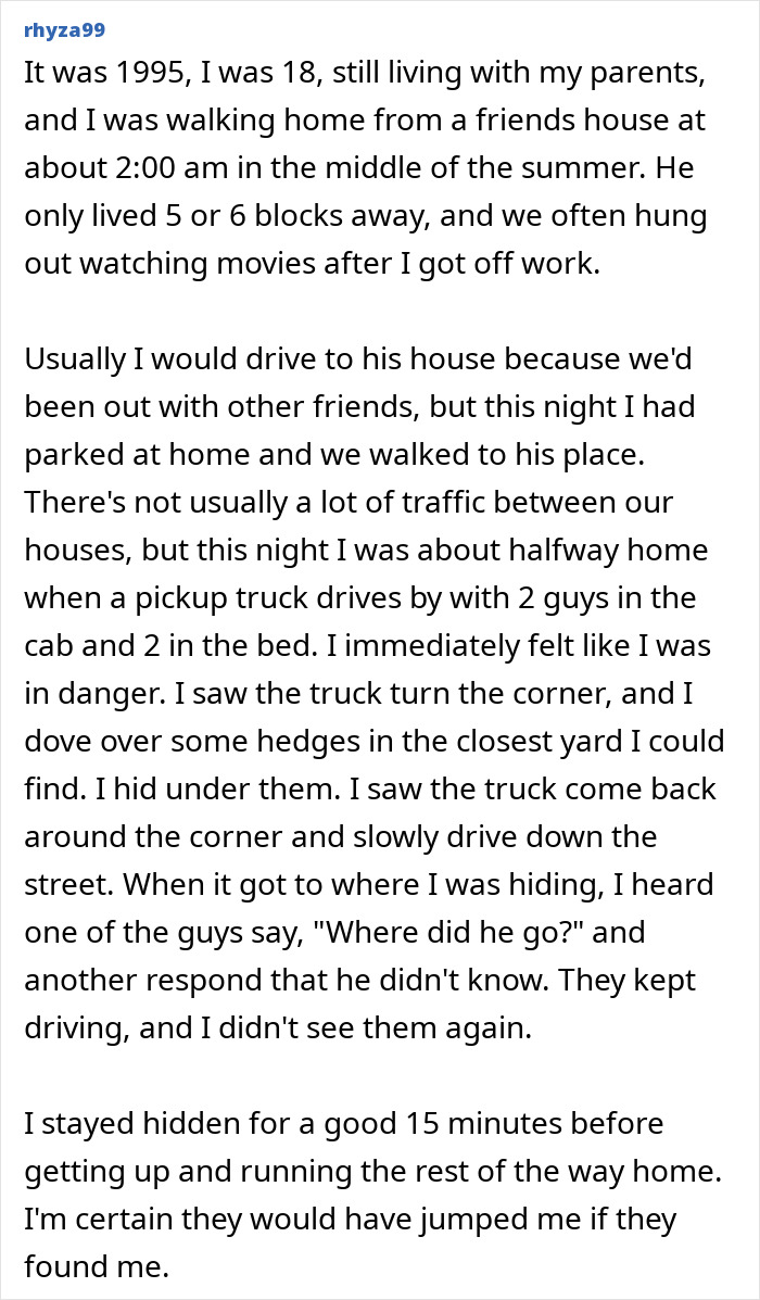 A Reddit post about real-life stories detailing a gut feeling of danger during a late-night walk.