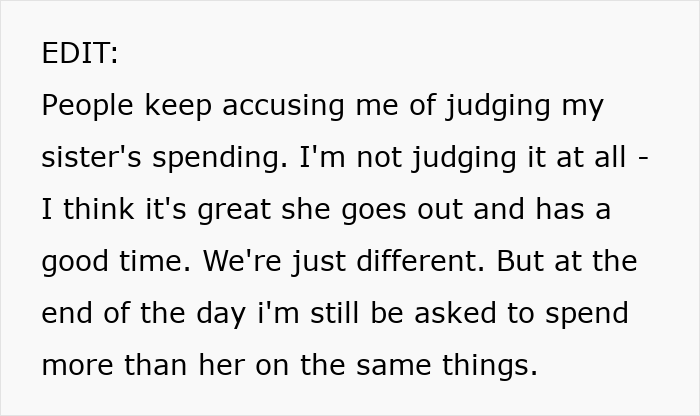 An EDIT from the 28YO woman clarifies she's not judging her sister's spending, but feels disrespected. An EDIT from the 28YO woman clarifies she's not judging her sister's spending, but feels disrespected.