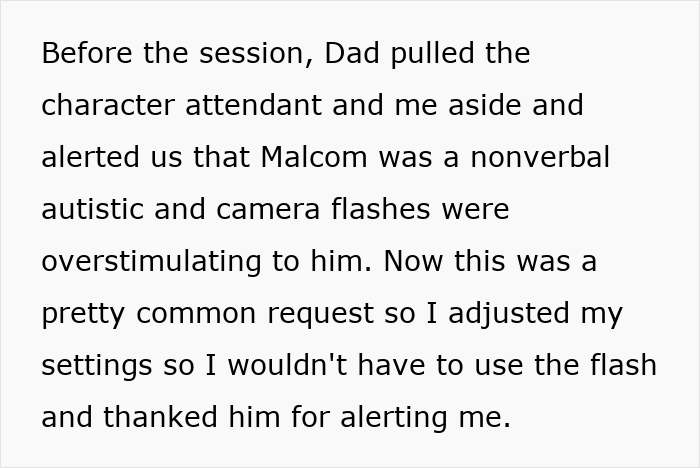 Text explaining dad alerting attendants about nonverbal autistic child's sensitivity to camera flashes