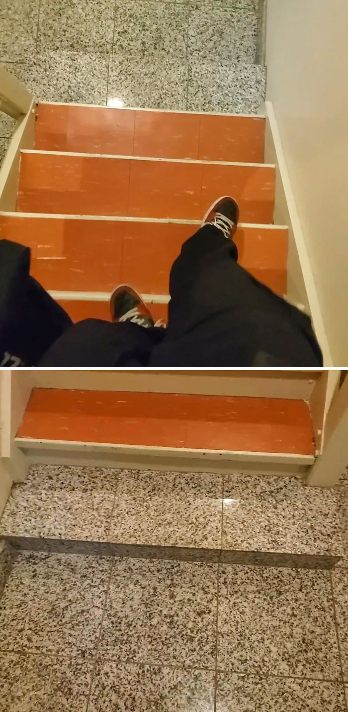Staircase design fail with mismatched steps creating trip hazard