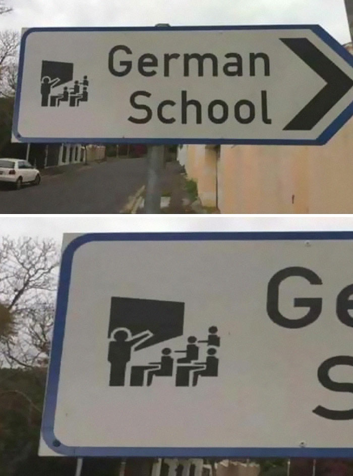 Directional sign for German school with unclear teacher and students icon
