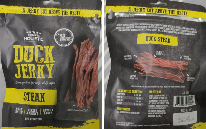Duck jerky packaging with unclear and cluttered text design fail