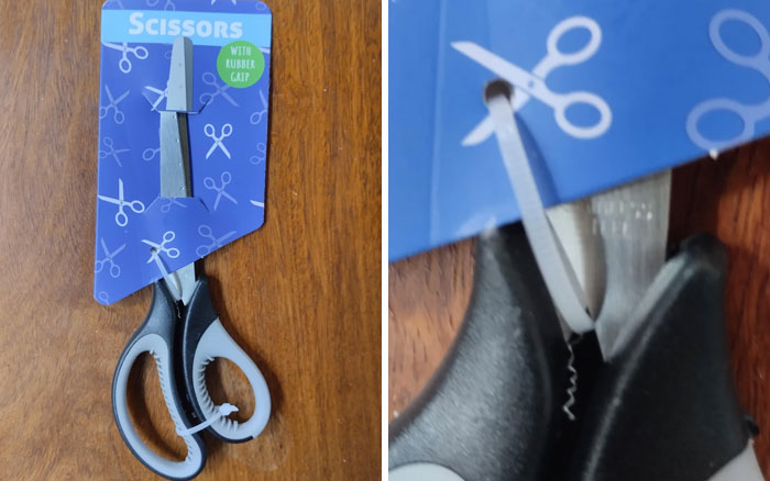 Scissors packaged with a plastic tie making them unusable design fail