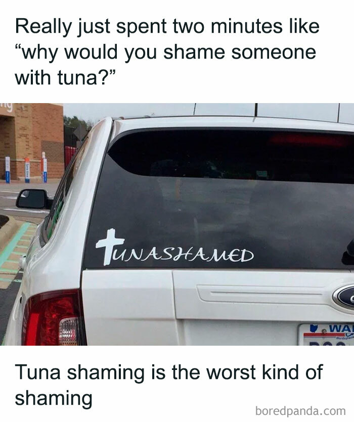Car with decal saying tunashamed highlighting humor about tuna shaming