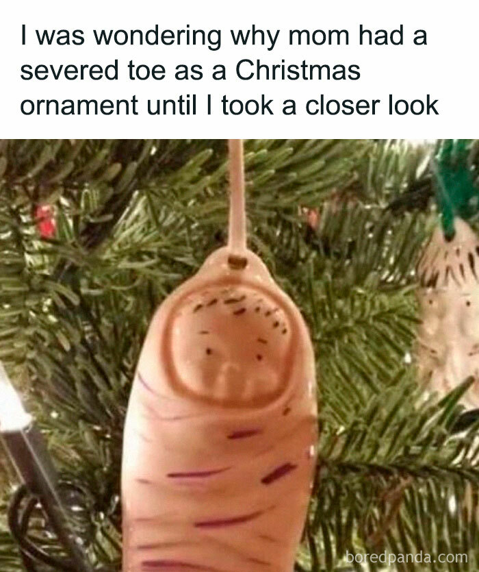 Christmas ornament resembling a severed toe hanging on a tree, causing confusion