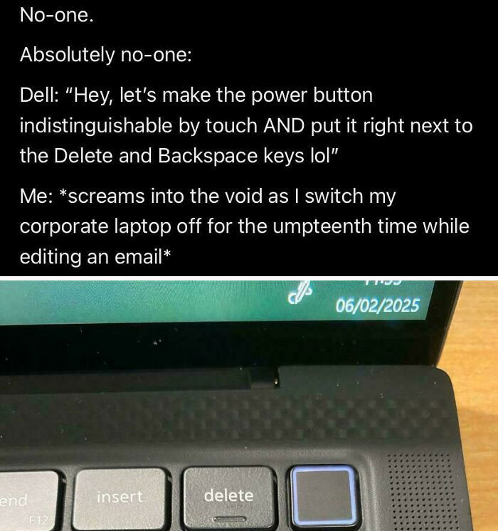 Dell laptop keyboard with indistinguishable power button next to delete and backspace