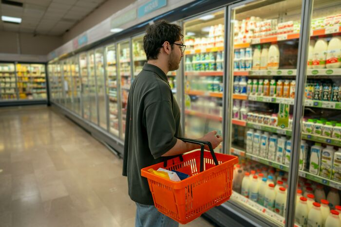 Man shopping for dairy products in a supermarket aisle