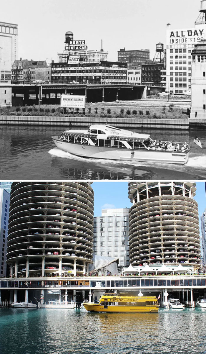 Before-and-after photos of a riverside area in America, revealing the dramatic changes in development and architecture.