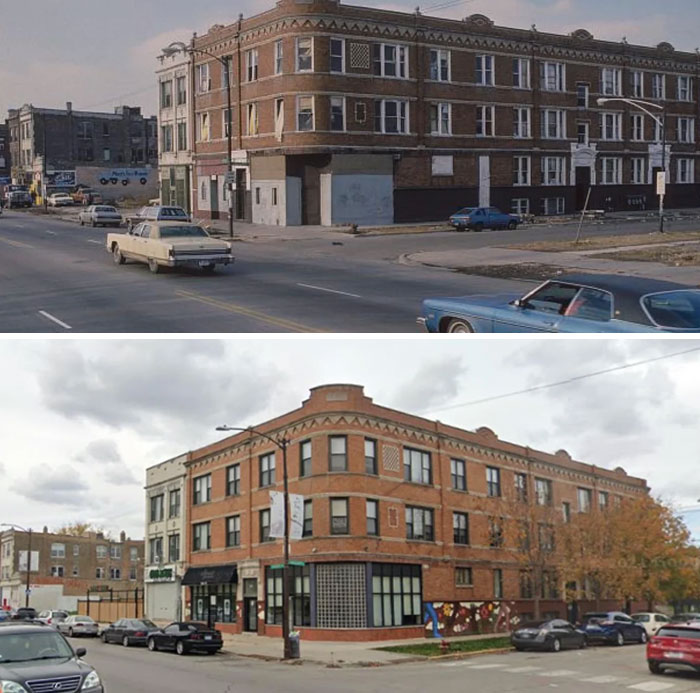 Before-and-after photos of a street corner building, highlighting how much America has changed with renovations and new businesses.