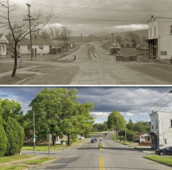 Before-and-after photos of a street in America, illustrating changes in trees, road construction, and buildings over time.