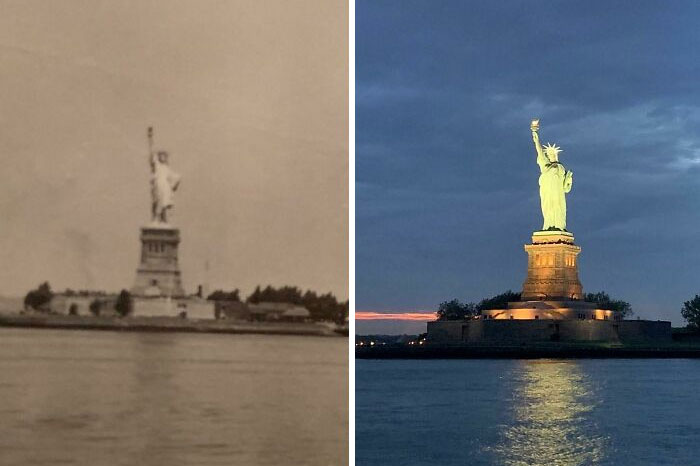 America changed: Statue of Liberty in a vintage photo versus a modern, illuminated night shot across the water.