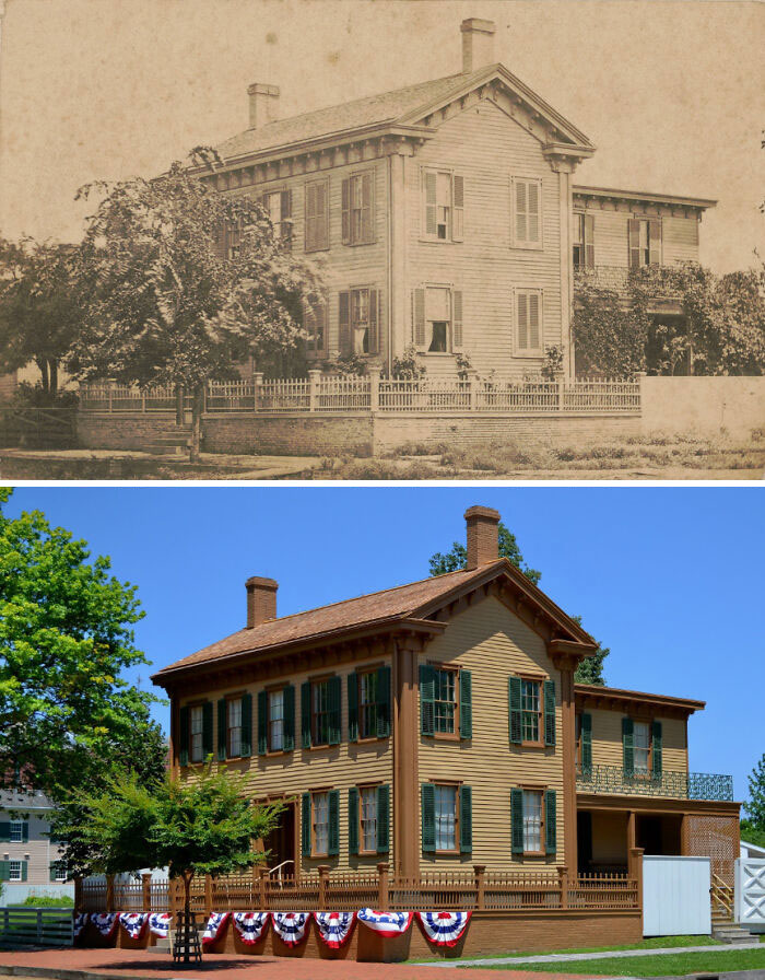 Before-and-after photos of a historic wooden house, showing its preservation and how much America has changed over time.