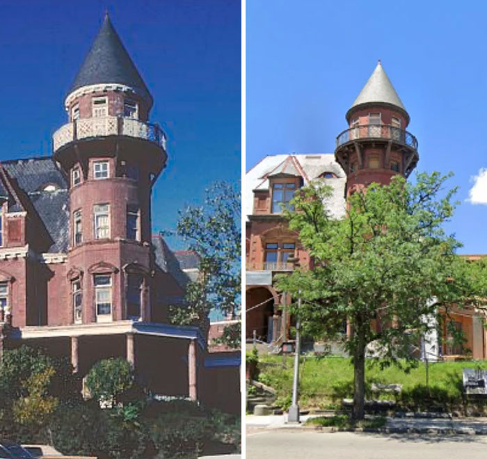 Before-and-after photos of a historic tower building, illustrating how much America has changed with its refurbished exterior.