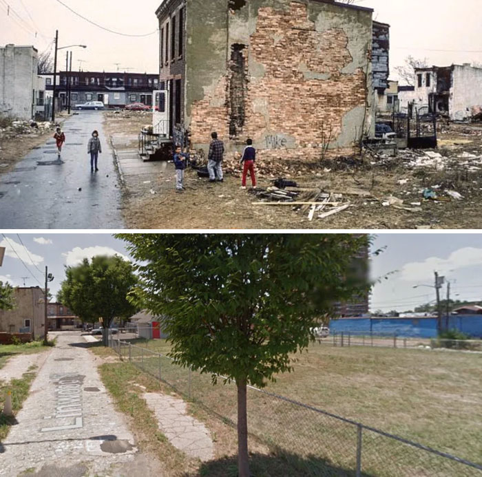 Before-and-after photos showing a street scene in America, transformed from a debris-filled area to a grassy, treed lot.