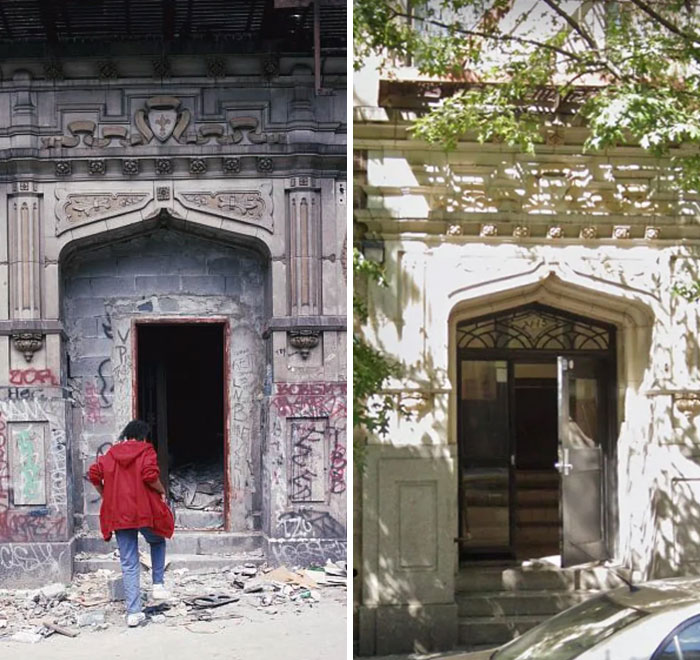 Before-and-after photos of an ornate building entrance, showing how much America has changed from dilapidated to restored.