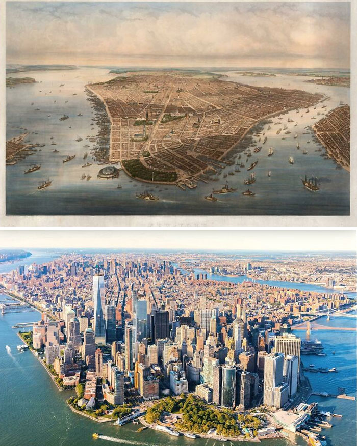 Before-and-after photos showcasing the dramatic transformation of Manhattan's skyline, reflecting how much America has changed.