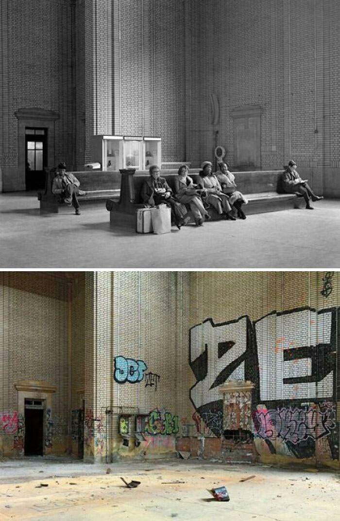 Before-and-after image showing how much America has changed, from a busy waiting room to an abandoned, graffiti-covered hall.