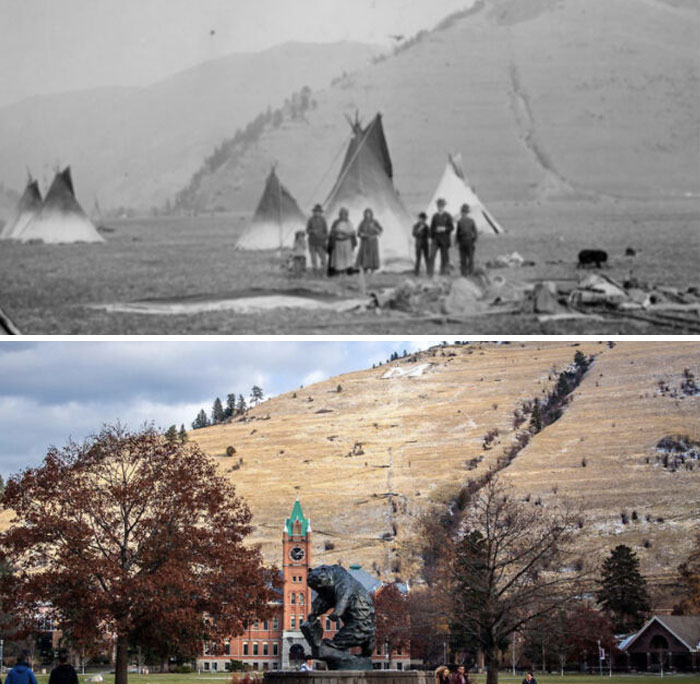 Before-and-after photos contrasting tipis in a field with a modern university campus, highlighting how much America has changed.