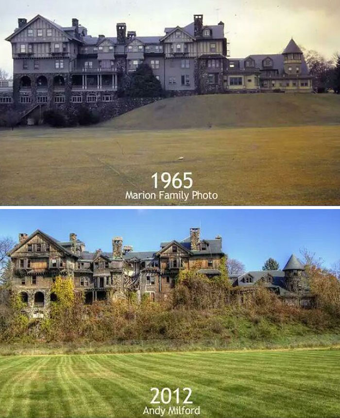 Before-and-after photos of a large mansion, showing its transformation and how much America has changed over time.