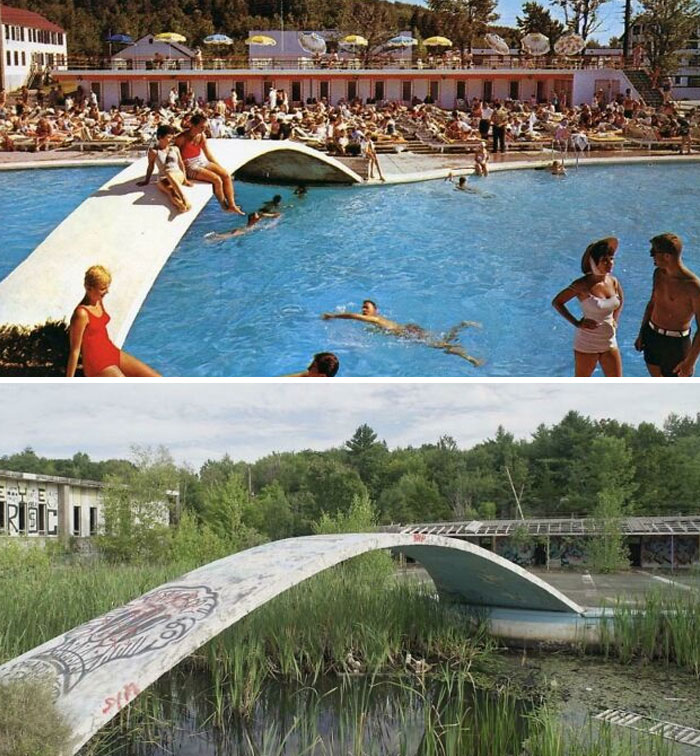 Before-and-after photos of a lively 1960s swimming pool with people, now overgrown and abandoned, revealing how much America has changed.
