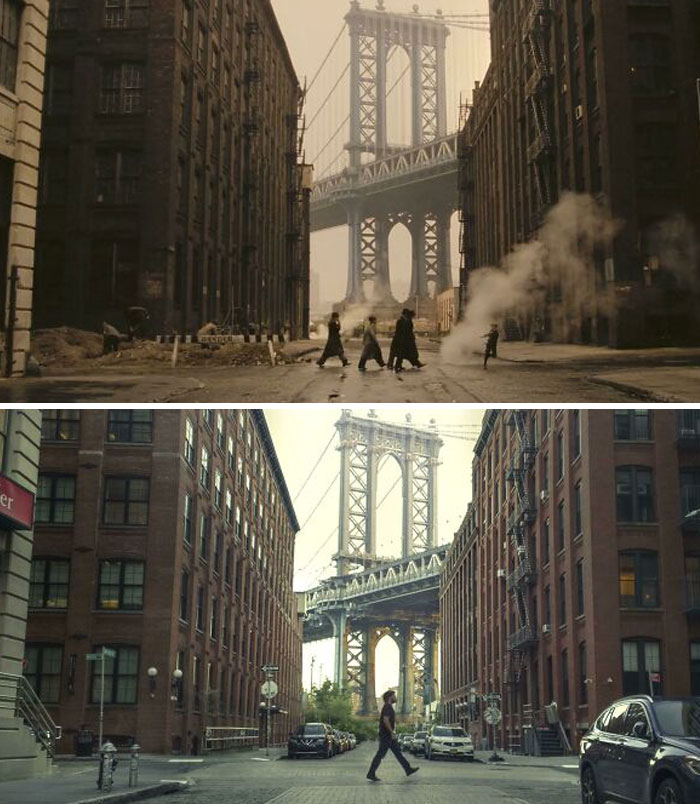 Before and after photo showing a street leading to a bridge with buildings, illustrating how America has changed.