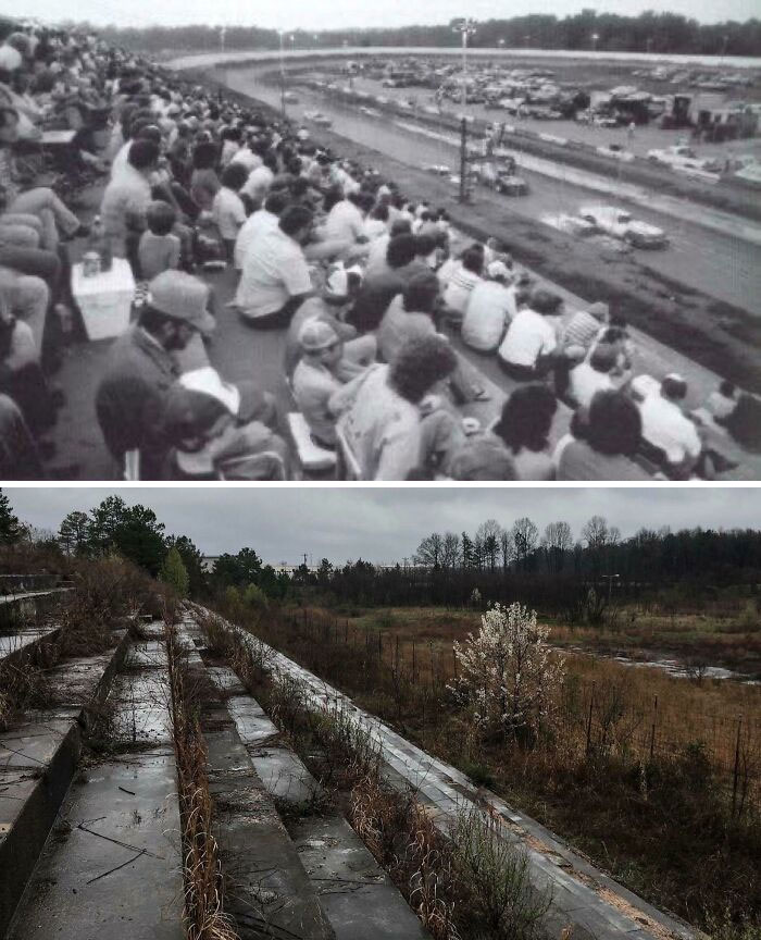 America before-and-after photos depict a bustling race track with spectators contrasting with an abandoned, overgrown grandstand and track.