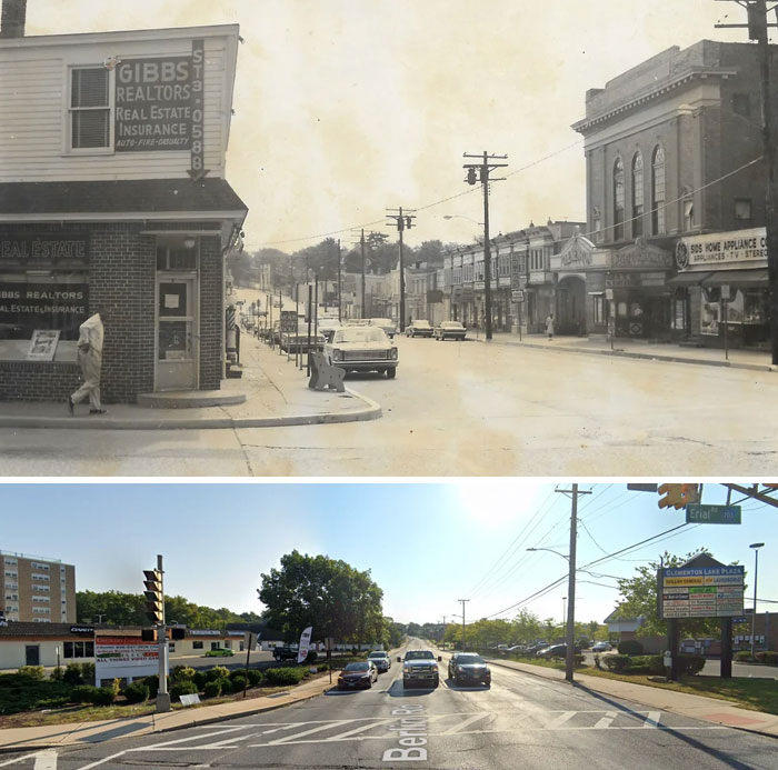 Before-and-after photos of a street scene demonstrating how much America has changed, with different buildings and vehicles over time.