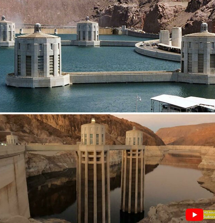 Before-and-after photos of the Hoover Dam with varying water levels, demonstrating how much America has changed.