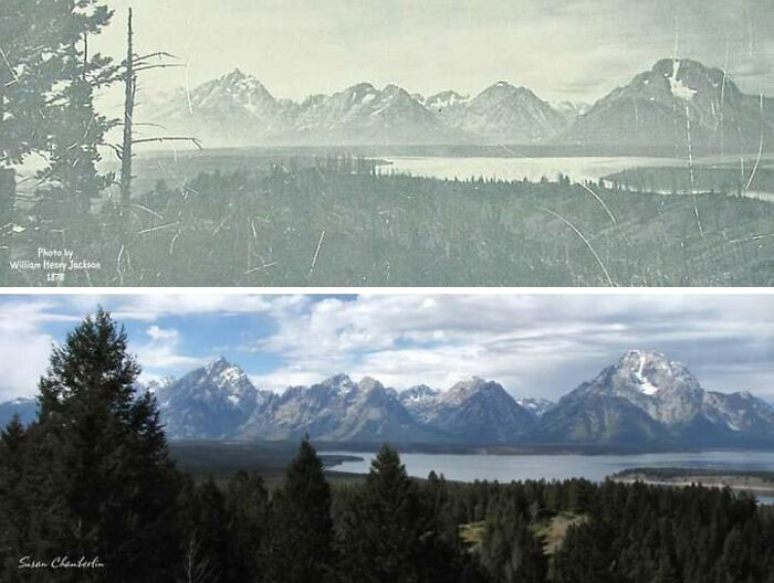 Before-and-after photos showing the Grand Teton mountains and Jackson Lake, illustrating how much America has changed.